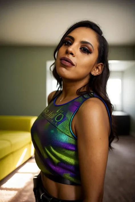 futuristic modern penthouse apartment, dappled sunlight, lovecraftian aesthetic, clean, sharp angles, LED lights, fluffy carpet, portrait photo, slow motion, beautiful young well-endowed thick latina woman, katrinamoreno, cat eye eyeliner, (smiling:0.7), female orgasm, (wearing [sash:army camouflage jacket:0.5]:1.1), star print, dark, low lighting, hyper detailed, detailed face, by lee jeffries, hyper realistic lifelike texture, dramatic lighting, unrealengine, leica_style, <hypernet:LuisapPhotoclarity_v1:0.4>