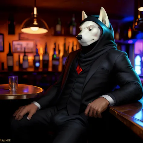 on e621, by chunie, aleksis, <lora:aleksis:1>, artwork,
1boy, solo, mature male, human male, white male, skinny male, (light beige skin):1.2,
(formal black clothing, open three piece suit, open pants, formal shoes, hood on head),
simple background, (sitting on a barstool, leaning to a bar table):1.3