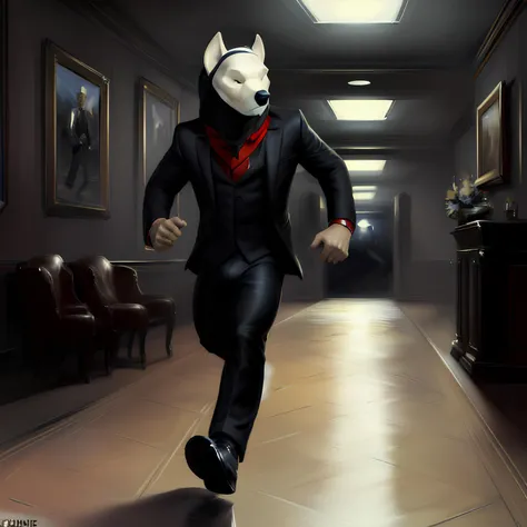 on e621, by chunie, aleksis, <lora:aleksis:1>, artwork,
1boy, solo, mature male, human male, white male, skinny male, (light beige skin):1.2,
(formal black clothing, open three piece suit, pants, formal shoes, hood on head),
simple background, (running, inside, at night):1.3