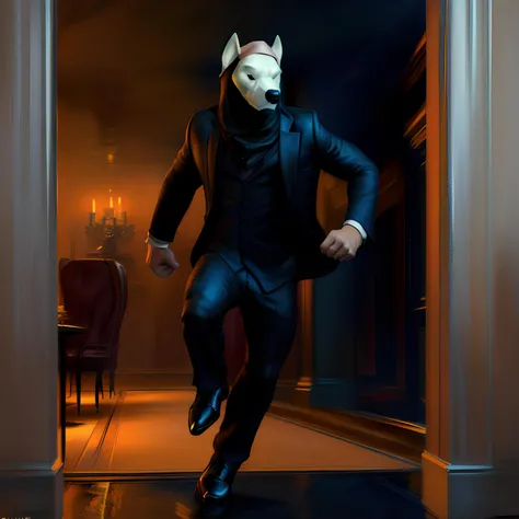 on e621, by chunie, aleksis, <lora:aleksis:1>, artwork,
1boy, solo, mature male, human male, white male, skinny male, (light beige skin):1.2,
(formal black clothing, open three piece suit, pants, formal shoes, hood on head),
simple background, (running, inside, at night):1.3