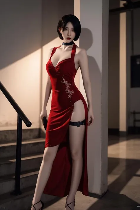 Ada Wong,1girl,(red dress:1.4),black hair,short hair,solo,choker,holster,bob cut,side slit,standing,sleeveless,black choker,sleeveless dress,bare shoulders,thigh holster,
best quality,masterpiece,illustration,an extremely delicate and beautiful,CG,unity,8k wallpaper,Amazing,finely detail,masterpiece,official art,extremely detailed CG unity 8k wallpaper,incredibly absurdres,huge filesize,ultra-detailed,highres,extremely detailed,beautiful detailed girl,realistic,<lora:ZOE:0.8>,<lora:Ada Wong_20231128172031:0.8>,