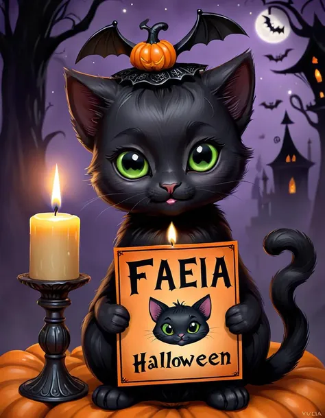 an adorable black kitty candle that is holding a sign that says FAEIA, digital art, Halloween theme, adorable,  <lora:CuteCombine1:0.6> VCuteStyle, FAEIA