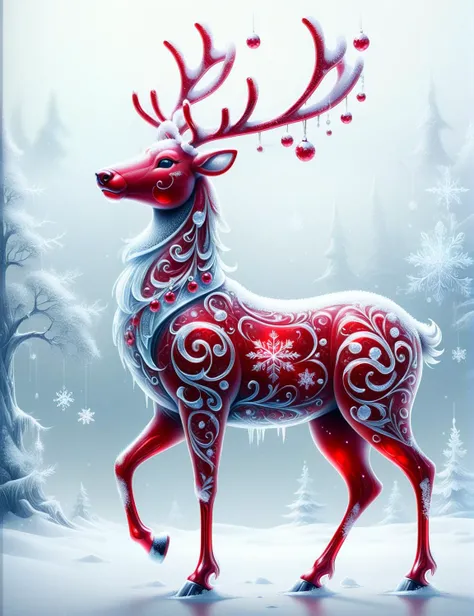 high quality fantasy image of an elegant ruby red reindeer in the snow, adorable, tough, strong, extremely detailed <lora:SDXLFrosted:0.8> FrostedStyle <lora:CuteCombine1:0.5> VCuteStyle