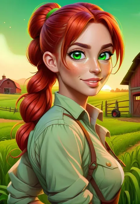 Female, mid 20s, red hair, green eyes, long parted bangs, high ponytail, hair bun, happy, farmer, working clothes, working on the farm, agriculture, attractive, beautiful, pretty, detailed, rear lighting glow, outline glow, colorful background, in the style of arcane animation, stylized painting, iconography, calm color palette<lora:CuteCombine1:1>VCuteStyle