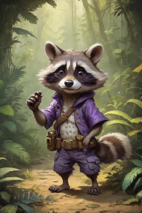 cute racoon adventurer walk in wild colorfully jungle, oversaturated, by Jean-Baptiste Monge, Gilles Beloeil, Tyler Edlin, Marek Okon, Pixar, 8k, album art, comic style, golden ratio, perfect composition, a masterpiece, trending on artstation, purple fur, <lora:CuteCombine1:0.8> VCuteStyle