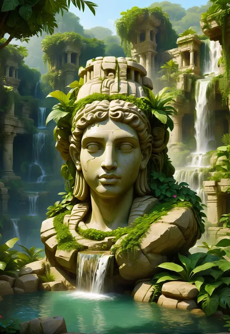 <lora:CuteCombine1:1> VCuteStyle, lost city of Gonstinople, ruins, paradise, beautiful details, lush foliage, high quality, waterfall, oasis, magical,single giant crumbled statue head