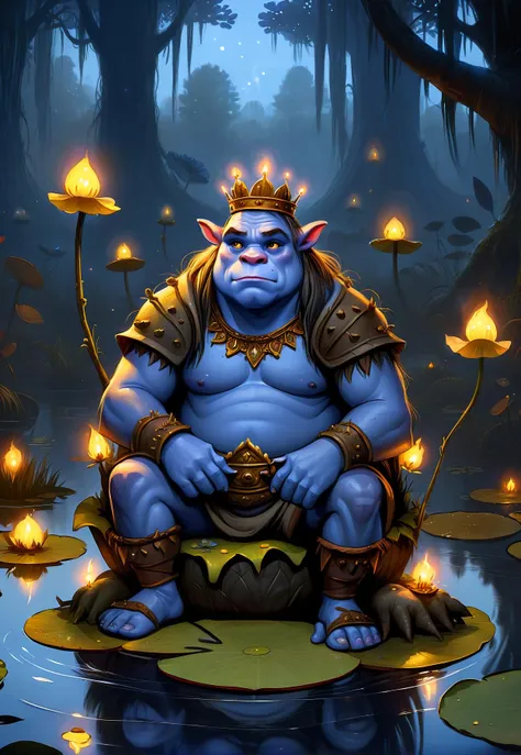 <lora:CuteCombine1:1> VCuteStyle, character concept art of an ogre swamp king, high quality, digital art, dark gray|blue skin, highly detailed, sitting on a throne in a swamp floating on a giant lilypad, beautiful background, fireflies, campfire