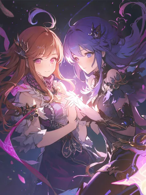 masterpiece,best quality,highres,cinematic lighting,dramatic angle,<lora:ShadowverseSpinaria&LucilleV1:0.8> ,2girls,lucille,long pink dress,floating hair,looking at each other,boots,depth of field,floating objects,bangs,magic,hair ornament,holding hands,fingers together,brown hair,close-up,portrait,glowing,pink eyes,smile,scarf,feathers,wristband,high boots,bare shoulders