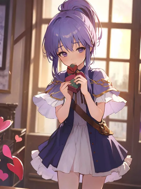 masterpiece,best quality,highres,cinematic lighting,dramatic angle,<lora:ShadowverseSpinaria&LucilleV1:0.8> ,1girl,spinaria,long blue dress,standing,delivering heart-shaped packaged valentine chocolate,looking at viewer,boots,socks,shy,ponytail,cowboy shot,depth of field,indoors,capelet,short hair,bangs,purple hair,(blush:1.2)