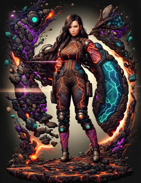 DonM34r7h3l3, female mercenary mage, midlife, sleek, east asian, light brown eyes, flat nose, double chin, prominent cheeks, sloping forehead, diamond face shape with angular cheeks, , blue fringe haircut hair, grief, defensive guard, character raises their arms in a defensive posture, protecting themselves from harm, wearing bio-mechanical pattern cybernetic nanoweave dioxazine purple plasma knit flare pants, nano fiber pattern cobalt plasma-mesh culottes, quantum striped pumps, levitating holster ,, ready for action, character crouches with legs bent, ready to spring into action, time-warped urban plaza, prefabricated materials,diorite stone,metal roofing roof,magnetic levitation structural support, luminescent deep-sea creatures, neon lights, steampunk-cyberpunk fusion, <lora:DonM34r7h3l3:1>
