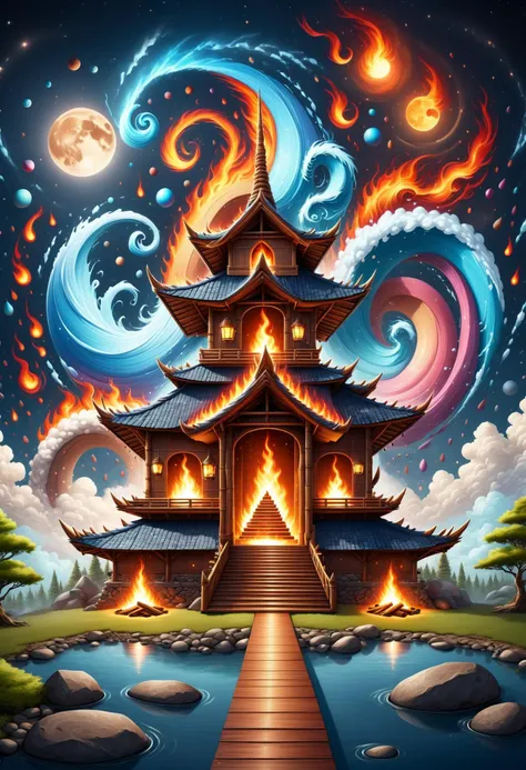 DonMM4573r0f3l3XL, celestial unicorn palace, wood shingles or shake roof,bamboo, bonfires, footlighting, <lora:DonMM4573r0f3l3XL:1>
