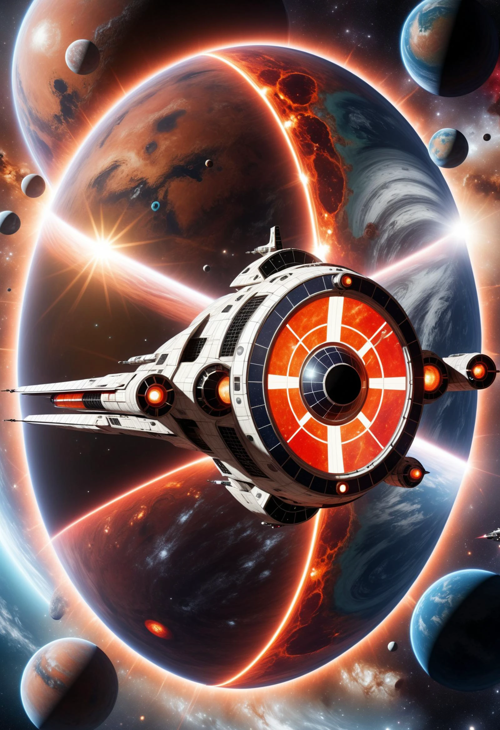 DonM34r7h3l3XL, scifi large disc-shaped starfighter, solar sails, ceramic tiles, emblems and insignias,radio antennas,portholes,sensory antennas , <lora:DonM34r7h3l3XL:1>