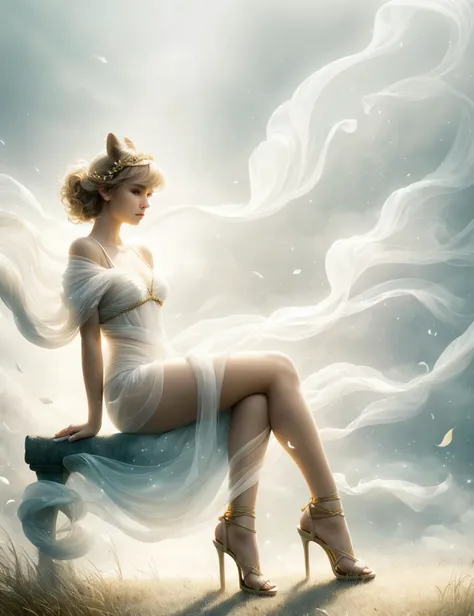 DonM41r3l3 wind, air, female golden age, compact, polynesian, amber eyes, small ears, nostril flared nose, cleft chin, oblong face shape, well-defined achilles tendons, , light brown pixie cut hair, embarrassment wearing strappy elastic zebra stripes blushpink g-string, low-cut blouse, peep-toe heels, , leg cross, crossing one leg over the other, evoking a sense of elegance and intrigue, ethereal lighting, soft and otherworldly light, ideal for fantasy and romantic elements, a sunny garden party, with friends enjoying refreshments and engaging in lively discussions, <lora:DonM41r3l3:0.9>