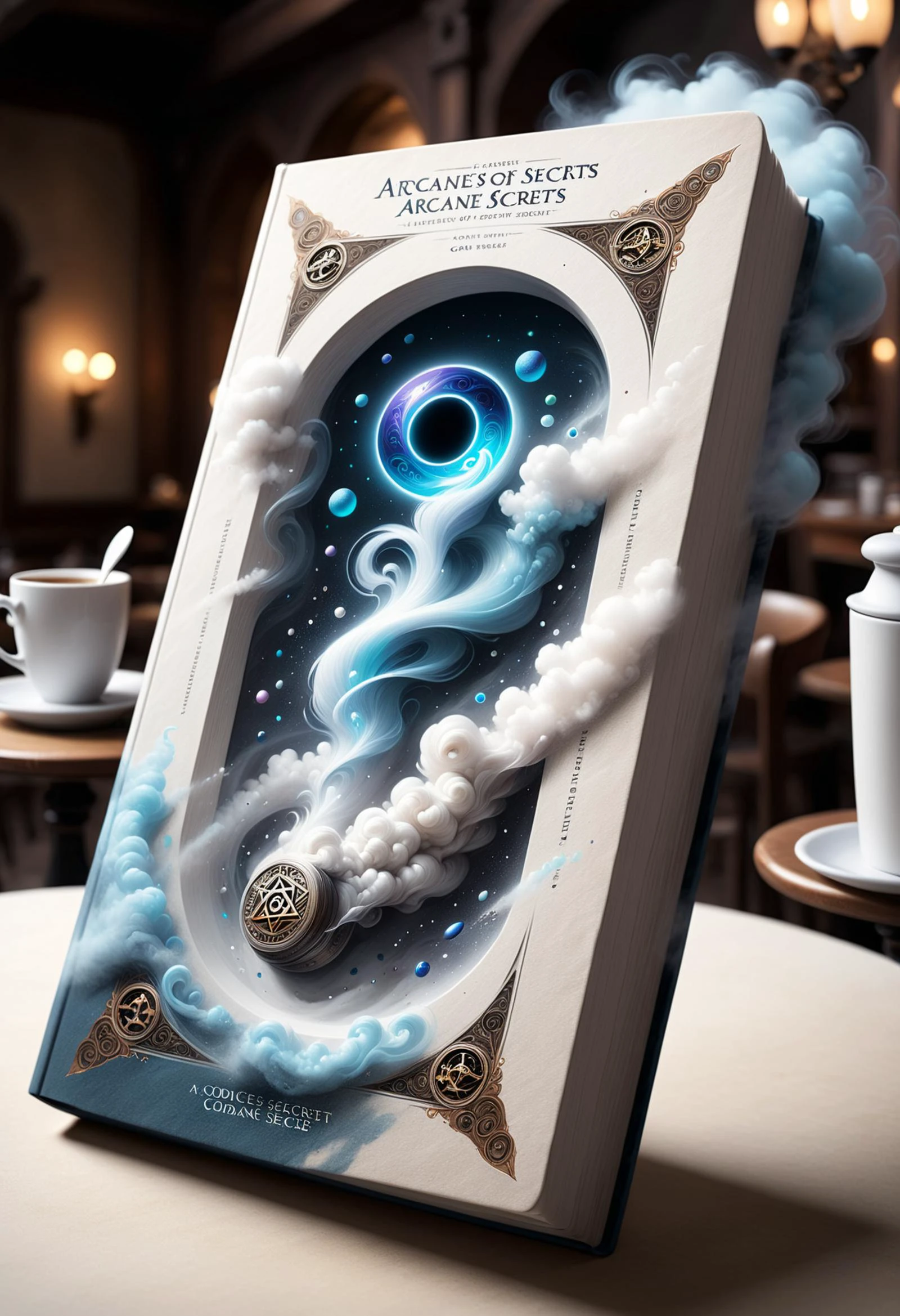 DonM41r3l3XL , codices of arcane secrets, dust jacket, stone, literary cafe, <lora:DonM41r3l3XL:0.9>