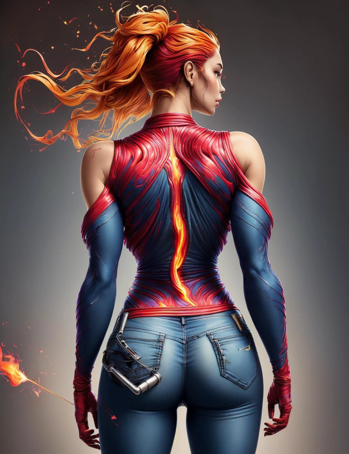 DonMF1r33l3 fire, skin-tight lower body clothing, bio-synth alloy, relaxed fit, empire waist, back pockets,,pockets,,back darts,,cold shoulder design,,muted wash <lora:DonMF1r33l3:0.9>