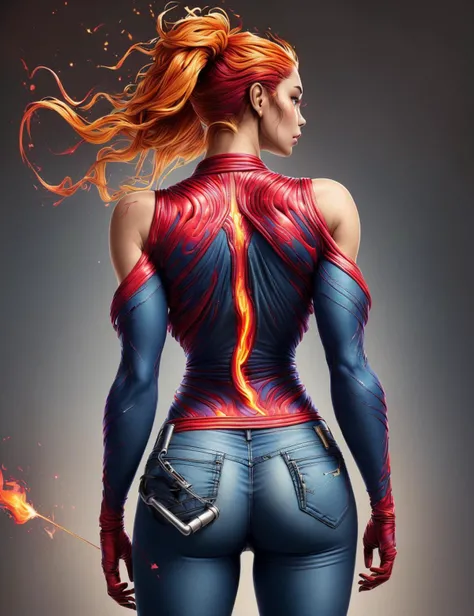 DonMF1r33l3 fire, skin-tight lower body clothing, bio-synth alloy, relaxed fit, empire waist, back pockets,,pockets,,back darts,,cold shoulder design,,muted wash <lora:DonMF1r33l3:0.9>