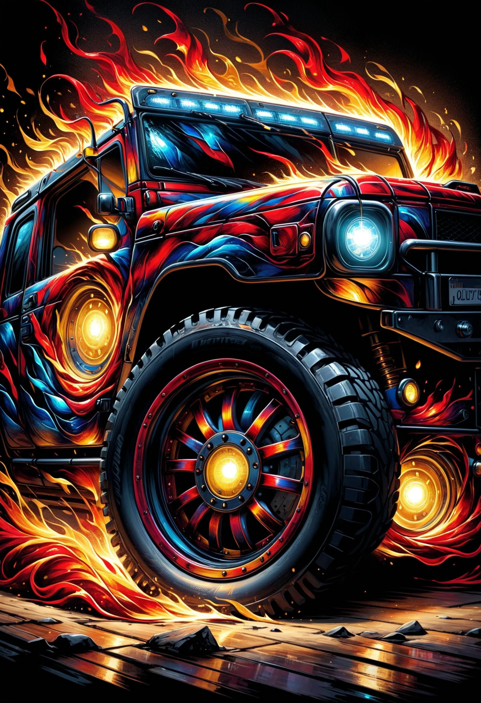 DonMF1r33l3XL Conveyance, stained glass, cargo area light, off-road bumper, quenched iron (wheel of time), dynamic, velvety plushness, , <lora:DonMF1r33l3XL:1>