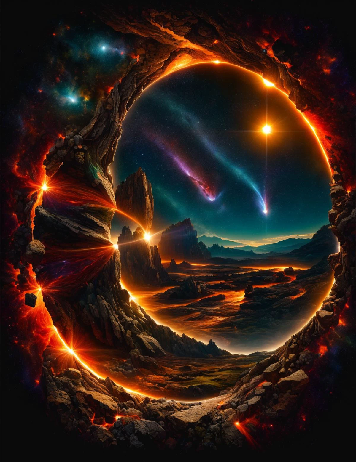DonM34r7h3l3, mythical landscapes casement window,solar flare,astronomical phenomenon, <lora:DonM34r7h3l3:1>