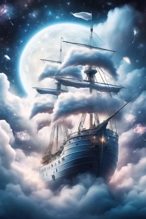 dreamscape, ship (made of clouds:1.4) flying through magical night sky, dark,, surreal, ethereal, dreamy, mysterious, fantasy, highly detailed <lora:DonM41r3l3XL:0.8> DonM41r3l3XL