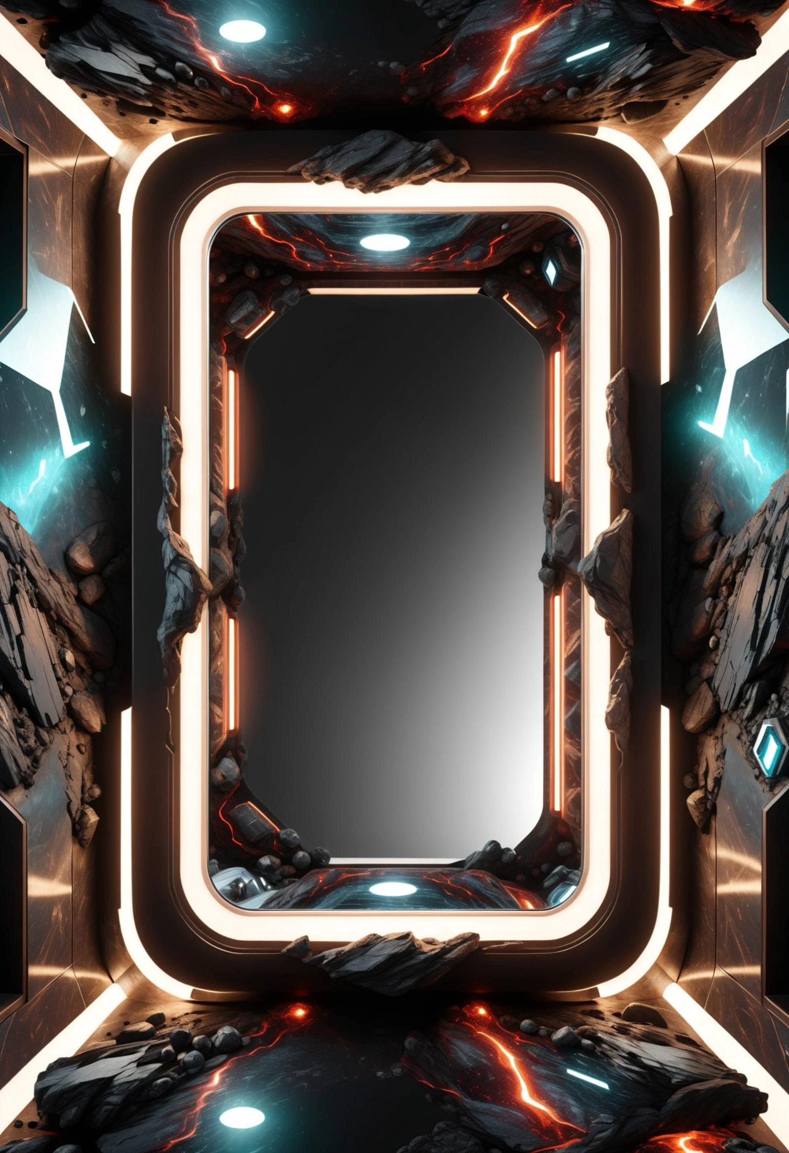 DonM34r7h3l3XL, scifi subterranean transport, vanity mirror lights, obsidian, metallic, crystalized texture, , <lora:DonM34r7h3l3XL:1>