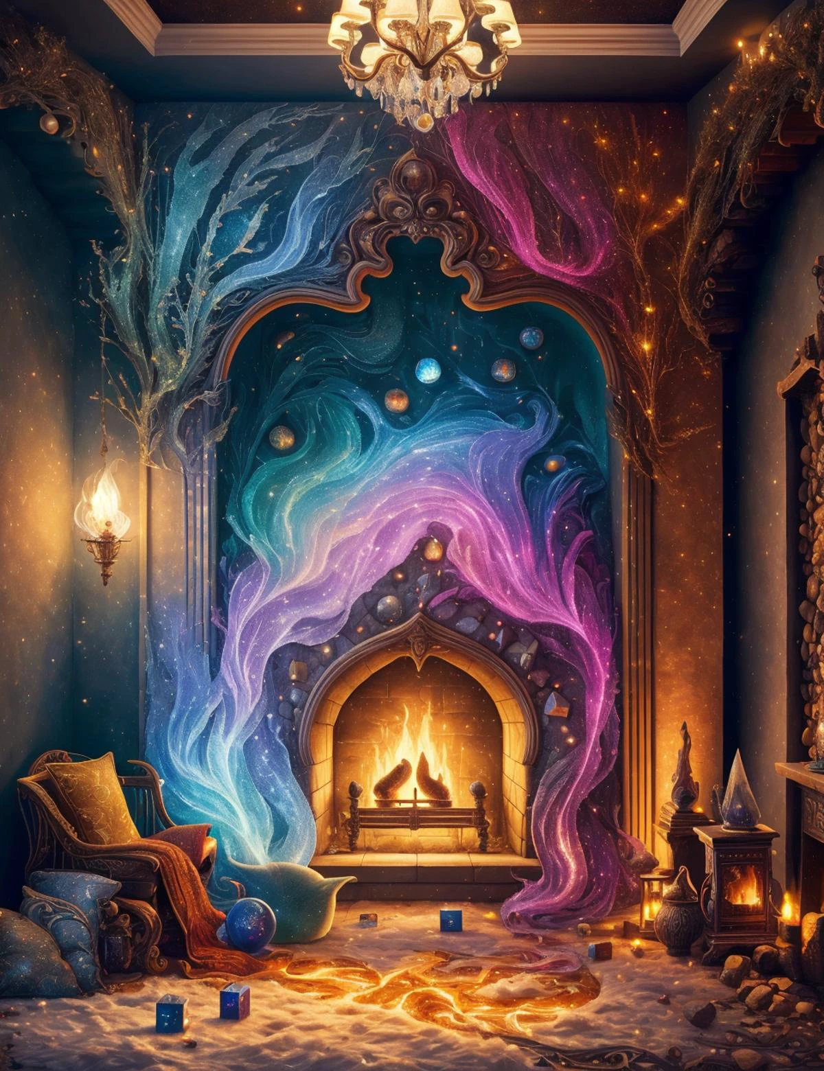 DonMM4573r0f3l3, magic academy, gentle flickering lights common rooms, hanging hammocks,fireplace armchairs, puzzle cubes,throw pillows, magical heaters,room expansion spells, welcoming wraiths, welcoming wraiths, charm-resistant walls, magical, fantasy, <lora:DonMM4573r0f3l3:0.8>
