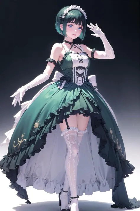 white background, <lora:CHAR-OnoShiragiku:1>, OnoShiragiku, bob cut, <lora:wrenchlogown:1>, wrenchlogown, green dress, embroidery, jewelery, gown, frills, elbow gloves, high heels, thighhighs, 1girl, light smile, looking to left, white gloves, white thighhighs,