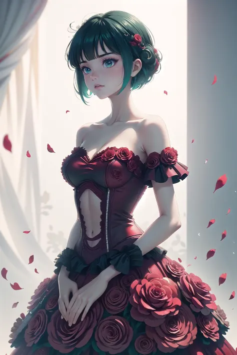 <lora:wrenchrosettebloom:1>, wrenchrosettebloom, 1girl, white background, gown, <lora:OnoShiragiku:1>, OnoShiragiku, bob cut, red dress, green hair,