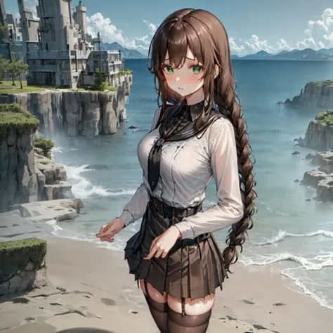 masterpiece, best quality, 1girl, noshiro, brown_hair, twin_braids, [green] eyes, masterpiece, medium breasts, long_hair, brown_hair, twin_braids, braid, [ light green] eyes, thighhighs, long_sleeves, school_uniform, pleated_skirt, serafuku, black_skirt, black_shirt, dress_shirt, swept_bangs, garter_straps, black_sailor_collar, sailor_shirt, black_belt, belt_buckle, sea, beach, sun, sand