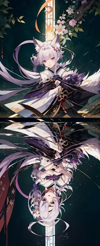 (masterpiece:1.3),(best quality:1.2),8k,absurdres,unity 8k wallpapper,(extremely detailed:1.3),highestres,
long hair,looking at viewer,smile,short hair,multiple girls,black hair,hair ornament,long sleeves,dress,holding,2girls,animal ears,jewelry,green eyes,purple eyes,full body,ponytail,weapon,purple hair,braid,flower,white hair,short sleeves,detached sleeves,japanese clothes,green hair,multiple boys,pointy ears,pants,sword,wide sleeves,kimono,white dress,fox ears,mask,leaf,black background,vision (genshin impact),electricity,vines,purple kimono,tomoe (symbol),mitsudomoe (shape),
<lora:duality_up_downV2-10:0.8>,