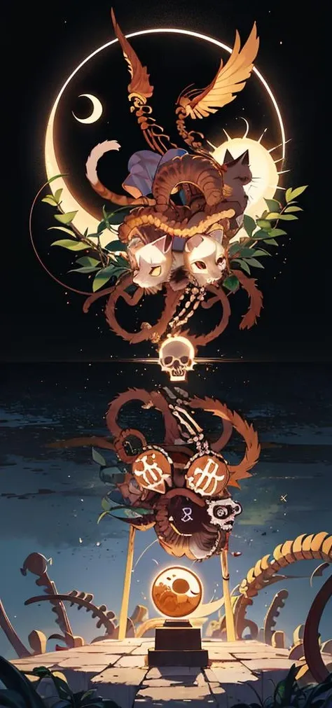 (masterpiece:1.3),(best quality:1.2),8k,absurdres,unity 8k wallpapper,(extremely detailed:1.3),highestres,
duality_up_downV2,from side, no humans, animal, moon, cat, plant, crescent, skull, sun, animal focus, crescent moon, sun symbol,(skeleton:1.2),tombstone,
<lora:duality_up_downV2-06:0.8>,
