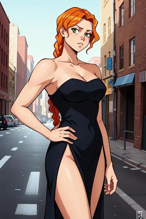 (anime), (illustration), cartoon, detailed, (dark theme:0.9), victoriyam, 1girl, solo, long hair, dress, cleavage, bare shoulders, medium breasts, very long hair, green eyes, braid, orange hair, black dress, hand on hip, single braid, strapless, strapless dress, side slit, freckles<lora:victoriyam:0.55>, street, city, biker
, (hdr:1.22), muted colors, complex background, hyperrealism, hyperdetailed, amandine van ray