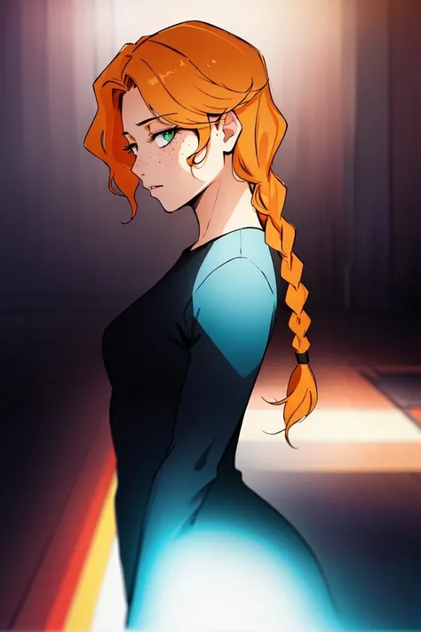 (dark shot:1.4), 80mm, victoriyam, 1girl, solo, orange hair, green eyes, freckles, long hair, braid, single braid <lora:victoriyam:0.55>, soft light, sharp, exposure blend, medium shot, bokeh, (hdr:1.4), high contrast, (cinematic, teal and orange:0.85), (muted colors, dim colors, soothing tones:1.3), low saturation, (hyperdetailed:1.2), (noir:0.4)