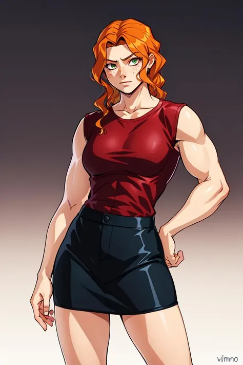(dark theme:0.6), 1girl, mini skirt,   freckles,  green eyes,  long hair, muscular, (loose hair:1.2), orange hair, shirt, solo,  standing , victoriyam, <lora:victoriyam:0.55> (kimano:1.2), (hdr:1.22), muted colors, complex background, hyperdetailed, art [[by jordan grimmer]]