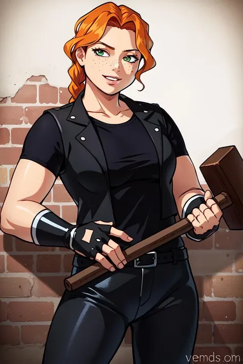 (anime), (illustration), cartoon, detailed, (dark theme:0.9), victoriyam, 1girl, solo, looking at viewer, smile, short hair, shirt, gloves, holding, green eyes, jacket, weapon, braid, short sleeves, parted lips, black gloves, belt, pants, artist name, fingerless gloves, vest, black shirt, black pants, freckles, brick wall, hammer, holding hammer <lora:victoriyam:0.55>
, (hdr:1.22), muted colors, complex background, hyperrealism, hyperdetailed, amandine van ray