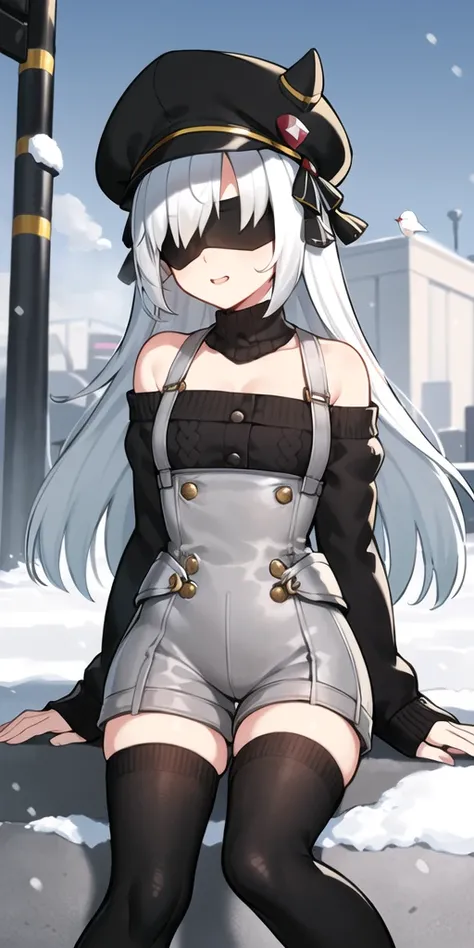 masterpiece,((best quality)),extremely detailed,Illustration,(( station, winter, sunshine,traffic light, bird, steam, snowing)),
adikia_\(swfz\), adikia_\(sifu\),
1girl,solo, sitting, white_hair, long_hair, eyepatch,black_blindfold,
black_sweater, high-waist_shorts,bare_shoulders,
thighhigh, boots,
hat,