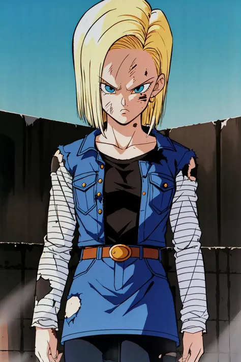 <lora:c18:0.6>, blonde hair, short hair, blue eyes, android 18, earrings, belt, shirt, black pantyhose, long sleeves, denim skirt, android 18, classic look, pissed off, cowboy shot, retro artstyle, 1990s \(style\), torn clothes, dirty, dirty face, dirty clothes,