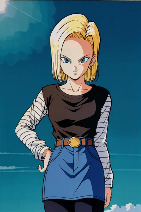 <lora:c18:0.6>, blonde hair, short hair, blue eyes,  android 18, earrings, belt, shirt, black pantyhose,  long sleeves, denim skirt, android 18, classic look, evil laugh, cowboy shot, retro artstyle, 1990s \(style\),