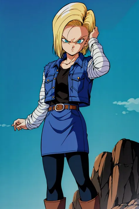 <lora:c18:0.6>, blonde hair, short hair, blue eyes, full body, android 18, earrings, belt, vest, shirt, long sleeves, jacket, denim, denim skirt, denim jacket, black pantyhose, brown footwear, android 18, classic look, angry, cowboy shot, retro artstyle, 1990s \(style\)