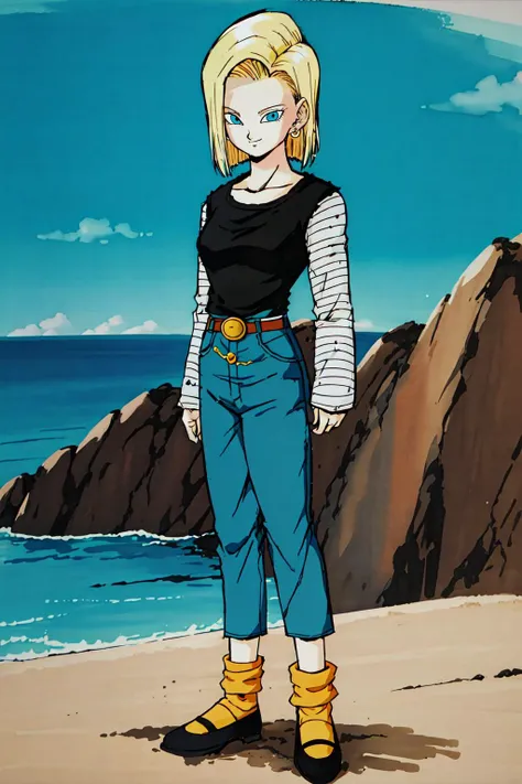 <lora:c18:0.8>, blonde hair, short hair, blue eyes, android 18, earrings, shirt, long sleeves, standing, full body, shoes, orange socks, striped, belt, pants, black shirt, denim, jeans, high-waist pants, android 18, cell saga
smile, (from side), photo, island, sand,