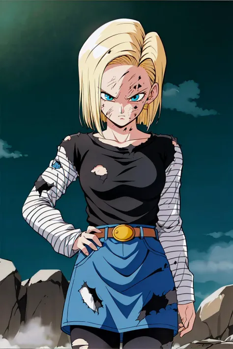 <lora:c18:0.6>, blonde hair, short hair, blue eyes,  android 18, earrings, belt, shirt, black pantyhose,  long sleeves, denim skirt, android 18, classic look, pissed off, cowboy shot, retro artstyle, 1990s \(style\), torn clothes, dirty, dirty face, dirty clothes,