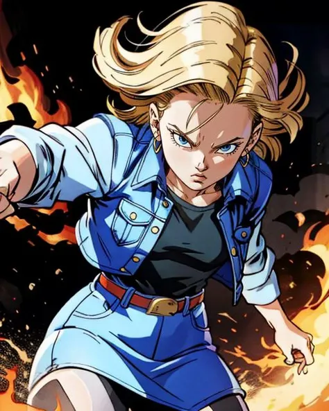 graphic novel comic illustration drawing by Jim Lee, of upper body, <lora:c18:0.55> android 18, short hair, sweatshirt, denim jacket, denim skirt, pantyhose, dynamic, dramatic, action, fight scene, epic . 2D, dynamic, dramatic, hard shadows, crosshatching, bold inked lines, by Jim Lee, detailed, sharp, HD, HDR, 8K, best quality, best resolution