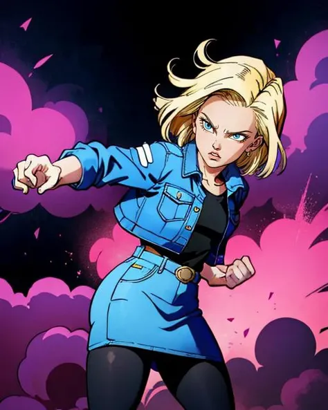 Cartoon illustration by Milt Kahl, of upper body, <lora:c18:0.55> android 18, short hair, sweatshirt, denim jacket, denim skirt, pantyhose, dynamic, dramatic, action, fight scene, epic, 2D, Simple, Minimalist, bold lines, caricature, by pixar, by disney, by Milt Kahl, stylized, detailed, sharp, HD, HDR, 8K, best quality, best resolution