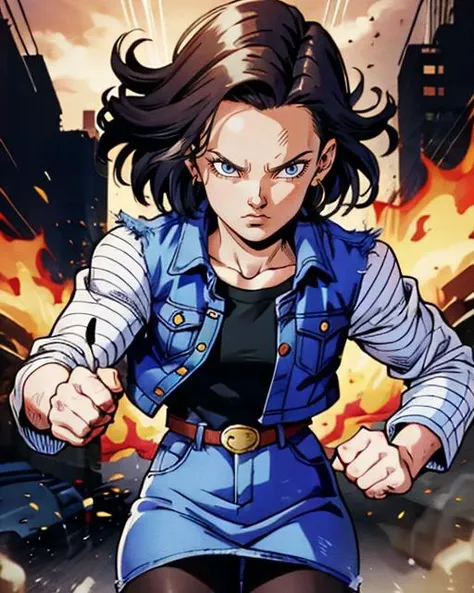 graphic novel comic illustration, of upper body, <lora:c18:0.55> android 18, short hair, sweatshirt, denim jacket, denim skirt, pantyhose, dynamic, dramatic, action, fight scene, epic, 2D, crosshatching, inked lines, detailed, sharp, HD, HDR, 8K, best quality, best resolution