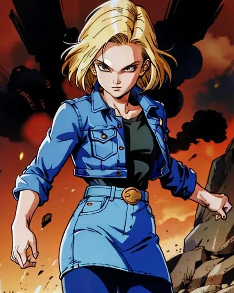 graphic novel comic illustration, of upper body, <lora:c18:0.55> android 18, short hair, sweatshirt, denim jacket, denim skirt, pantyhose, dynamic, dramatic, action, fight scene, epic, 2D, crosshatching, inked lines, detailed, sharp, HD, HDR, 8K, best quality, best resolution