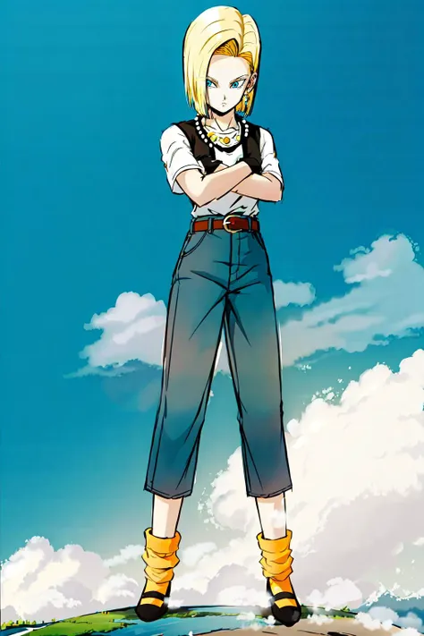 <lora:c18:0.7>, blonde hair, short hair, blue eyes, jewelry, full body, belt, pants, necklace, crossed arms, android 18, cell saga, orange_socks