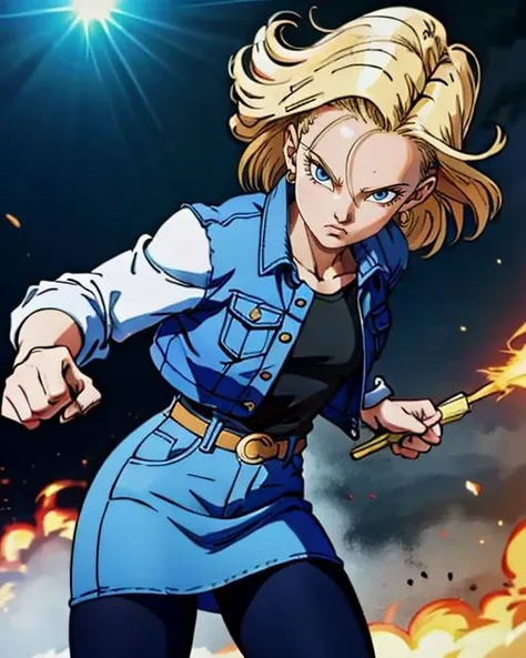 upper body, <lora:c18:0.55> android 18, short hair, sweatshirt, denim jacket, denim skirt, pantyhose, dynamic, dramatic, action, fight scene, epic
