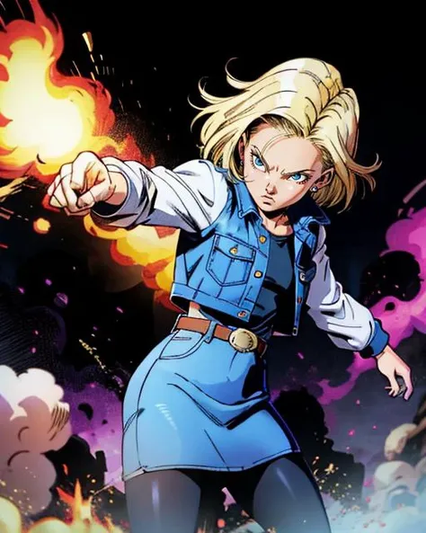 graphic novel comic illustration by Todd Mcfarlane, of upper body, <lora:c18:0.55> android 18, short hair, sweatshirt, denim jacket, denim skirt, pantyhose, dynamic, dramatic, action, fight scene, epic, 2D, crosshatching, inked lines, by Todd Mcfarlane, detailed, sharp, HD, HDR, 8K, best quality, best resolution