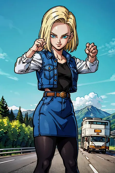 android 18,blonde hair, short hair, blue eyes, wearing earrings,  earrings, belt, vest, shirt, long sleeves, denim skirt, denim jacket, black pantyhose, looking at viewer, serious, smiling, standing, fighting pose, outside, highway, traffic, blue sky, high quality, masterpiece,  <lora:c18:.6>