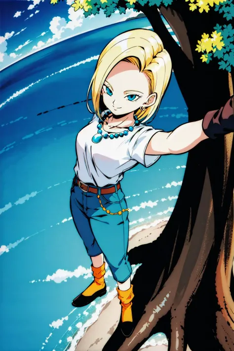 <lora:c18:0.6>, blonde hair, short hair, blue eyes, jewelry, full body, shirt, gloves, belt, pants, necklace, android 18, ((cell saga)), (selfie), smile, island, sea, tree, blue sky, cowboy shot, from above, orang socks