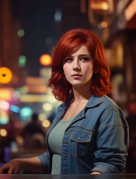 a woman, redhead, in the street, standing next to the bar, cyberpunk <lora:Nata Varley:0.7>, (cinematic look:1.4), soothing tones, insane details, intricate details, hyperdetailed, low contrast, soft cinematic light, dim colors, exposure blend, hdr, faded, slate gray atmosphere